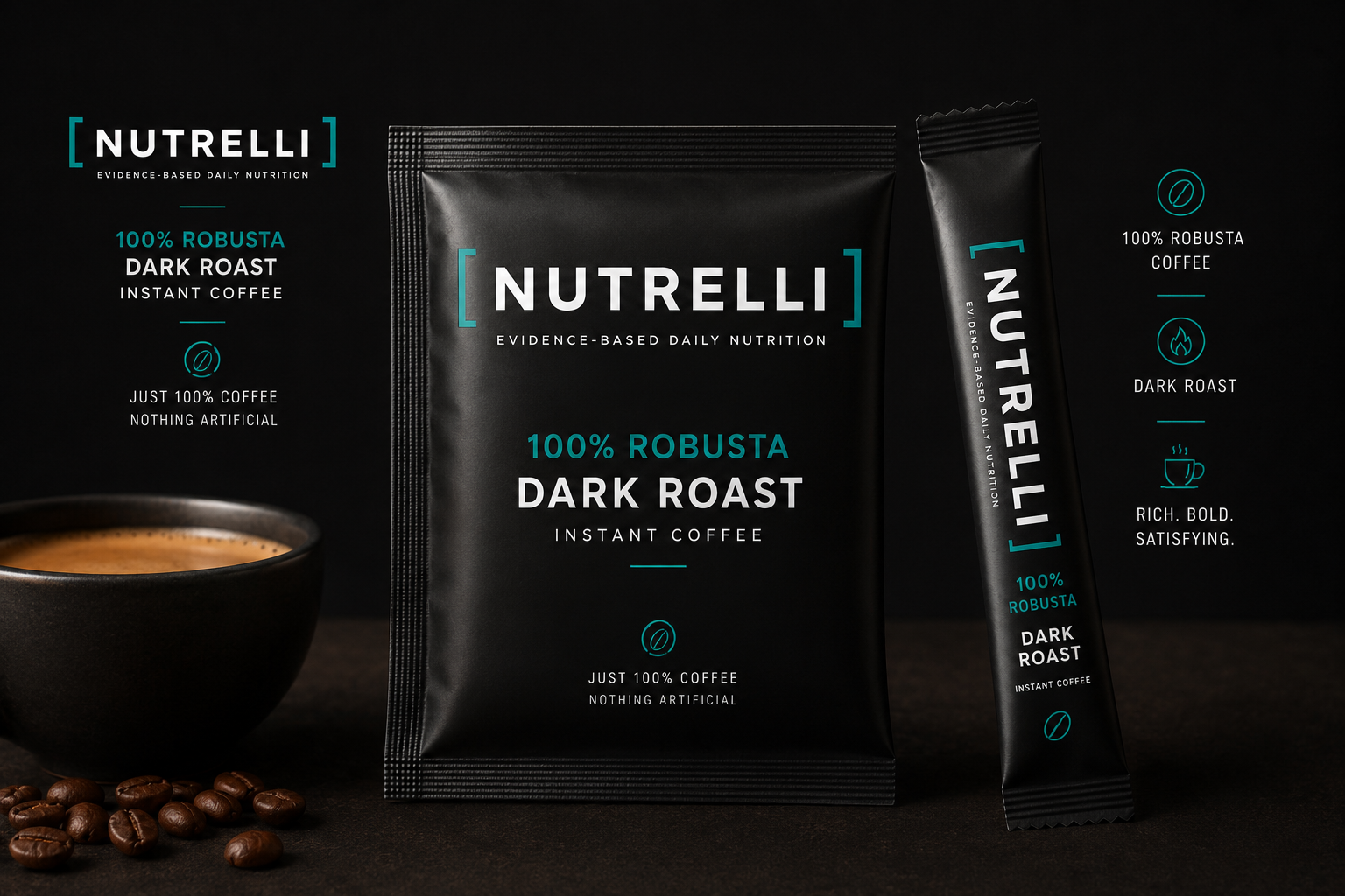 Nutrelli 100% Robusta Dark Roast instant coffee sachet and stick pack